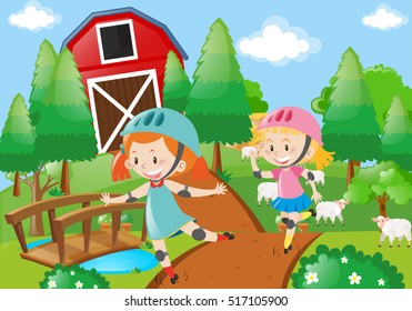 Two girl rollerskate in the farmyard illustration