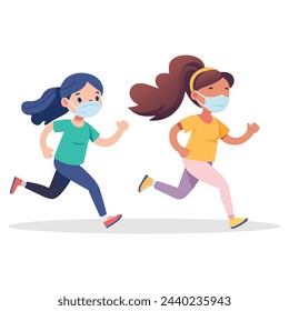 Two girl runners with masks flat vector illustration