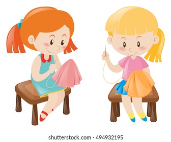 Two girl sewing handkerchief illustration