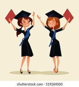 Two girl students characters celebrate graduation. Vector flat cartoon illustration