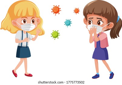 Two girl wearing mask in standing position with some coronavirus icon illustration