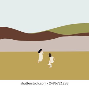 Dos chicas en vestido blanco jugando en campo verde con fondo de paisaje de montaña. Diversión al aire libre y actividad saludable en el parque natural.