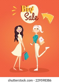 Two Girl or woman on shopping sale hold bags. Retro style sale poster vector illustration. 