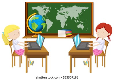 Two girl working on computer in classroom illustration