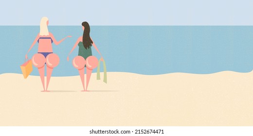 Two girlfriend with big booty on the beach relaxing. Vector hello summer concept minimalistic illustration with woman , summer beach, ocean, sand and blue clear sky.Summer vacation graphic funny flyer