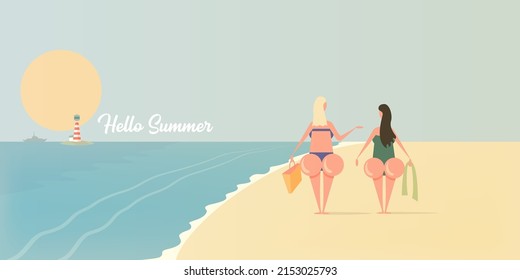 Two girlfriend with big booty walking on beach. Vector hello summer concept minimalistic illustration with woman , summer beach, ocean, sand and lighthouse. Summer vacation graphic funny flyer