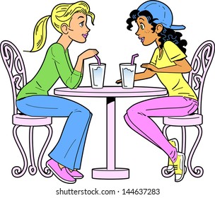 Two Girlfriends at a Bar or Cafe Having a Drink