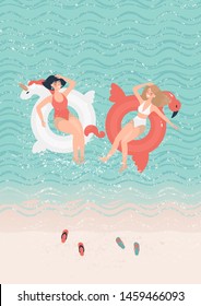 Two girlfriends in bathing suits swim on swimming circles of a unicorn and a flamingo in the sea near the beach. Couple vector women brunette and blonde having fun in the sea