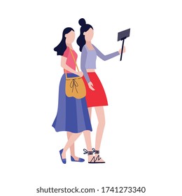 Two girlfriends cartoon characters walking together and making selfie, flat vector illustration isolated on white background. Womens friendship and friendly relations.