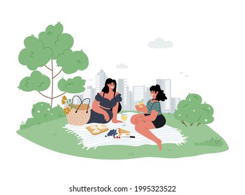 Two girlfriends in casual wear sit in a city park on blanket an green grass at summer and make a picnic together, have fun together,time for friends.Vector flat illustration.