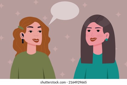 Two girlfriends chatting, 2 cute girls spending time together, friends gossiping. Communication concept, friendship concept, gossip concept. Cute women smiling, redhead brunette. Conversation cloud