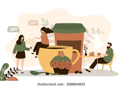 Two girlfriends chatting in coffee shop.  Male character ordered dessert and mug of tea. People eat and relax in cafeteria. Takeaway drinks. Girls meeting in coffeehouse. Flat vector illustration