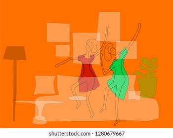 two girlfriends come off in a dance in the apartment everything is forgotten there are no thoughts ahead only a good mood sunny everything you know perfectly well what you want minute of bliss abstrac