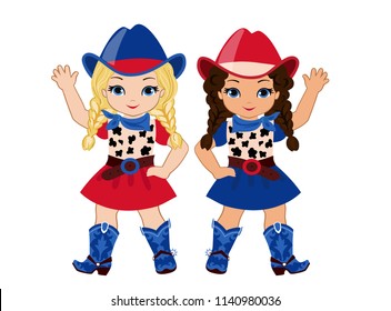 Two girl-friends in a cowboy costume in a red-and-blue color scheme.