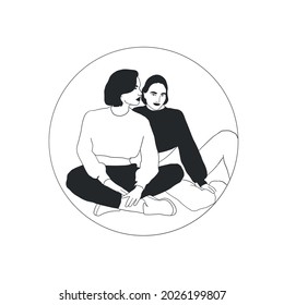 two girlfriends drawn in graphic style, vector figures of stylish women isolated on white background