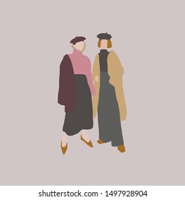 two girlfriends dressed in a raincoat, jacket, sweater. Female figures drawn in modern flat cartoon style. 