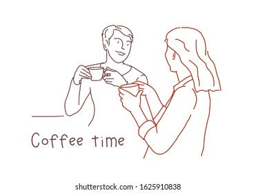 Two girlfriends drinking coffee. Card. Line drawing vector illustration.