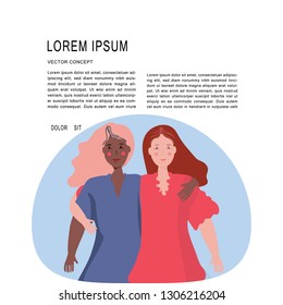 Two girlfriends embracing lovingly. Hand drawn vector illustration with text frame on white background. 