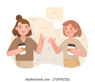 Dos novias están hablando emocionalmente y tomando café. El discurso burbuja sobre sus cabezas. Caracteres de estilo plano. Tecnología y comunicación. Comunicación amigable en un ambiente acogedor, noticias.