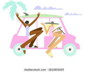 Dos novias van en un carrito de golf a la playa para hacer surf y tomar el sol. Niña negra con gafas. Otra chica con sombrero. En la parte superior del auto hay un surf.
