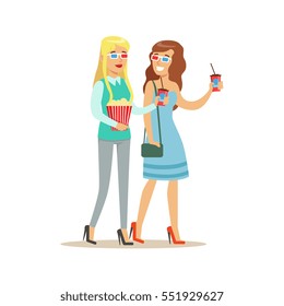 Two Girlfriends Going To Cinema With 3D Glasses And Popcorn, Part Of Happy People In Movie Theatre Series