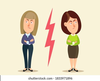 The two girlfriends had a falling out and had a fight. Quarrel between women. Vector illustration, flat design, cartoon style, isolated background.