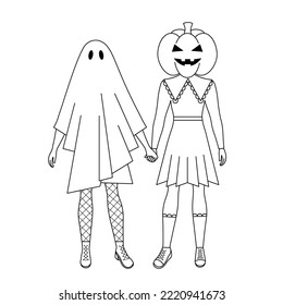 Two girlfriends in Halloween costumes. Stylish ghost and Jack-O-Lantern costumes. Festive outfits. Hand drawn outline vector illustration isolated on white background.
