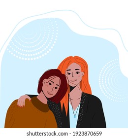 Two girlfriends hug. Vector flat illustration.
