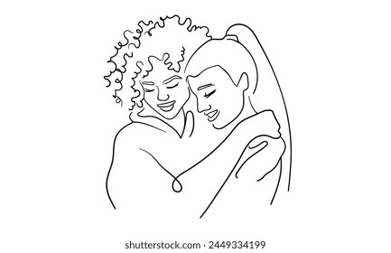 Two girlfriends hugging isolated on white background. Friendship line art drawing. Vector illustration