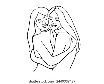 Two girlfriends hugging isolated on white background. Friendship line art drawing. Vector illustration
