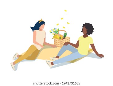Two girlfriends lie on the bedspread and have fun on a picnic in nature next to a basket with products and flowers, and butterflies fly over it vector illustration isolated on a white background