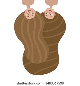 Two girlfriends with long hair hang and smile. Flat vector on white background