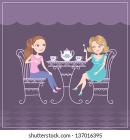 Two girlfriends meeting in cafe to drinking tea. Cute illustration.