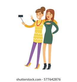 Two Girlfriends On High Heels Taking Selfie With A Stick, Part Of People At The Night Club Series Of Vector Illustrations