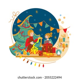 Two girlfriends are packing gifts and getting ready for christmas. Christmas decoration. Christmas spirit.  Vector.