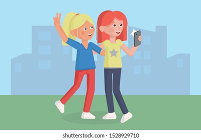 Two girlfriends pose together. Friends take selfies. Cute girl characters. Classmates take photos on the phone.