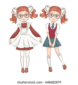 Two girlfriends in school uniforms. Hand drawn illustration isolated on white background.