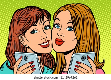 two girlfriends selfie smartphone. Pop art retro vector illustration kitsch vintage drawing