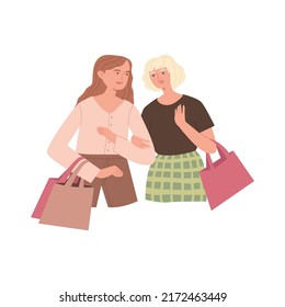 Two girlfriends are shopping and talking. Girls with shopping bags. Happy women go hand in hand enjoying the conversation. Active pastime. Vector flat illustration isolated on white background.