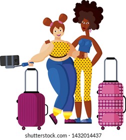 Two girlfriends slender African-American and buxom European make selfie using selfie stick in airport. Young women of different nationalities travel together. Cute plus size girl. Body positive. 