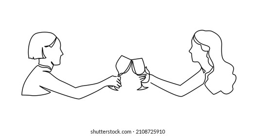 Dos novias pasan tiempo juntas en una fiesta, tostando con un vaso de vino continuo de una línea de ilustración vectorial. Los amantes de las lesbianas tienen una cita en un restaurante y beben vino.