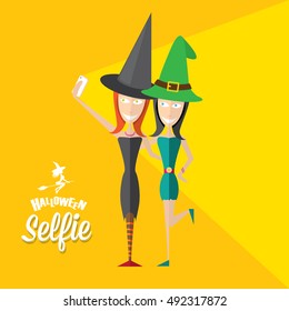 two girlfriends taking a selfie on halloween party at night club. vector halloween selfie concept.