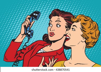 Two girlfriends and a telephone pop art retro vector. Retro smartphones and communication