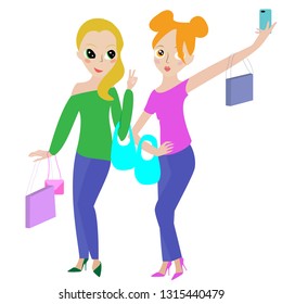Two girlfriends walking, shopping and taking selfies