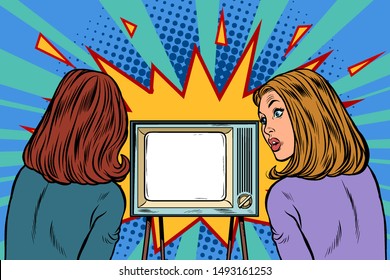 Two girlfriends watching TV. Business woman. Pop art retro vector illustration drawing