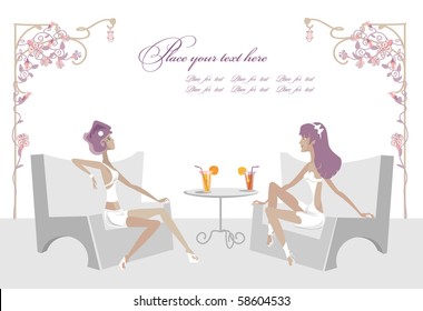 Two girlfriends in white summer dresses on the party.