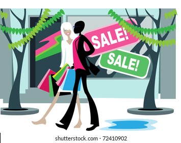 Two girlfriends, whites and blacks, make a purchase at the spring  sale
