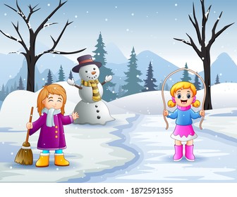 Two girls activity outdoors in winter snowy landscape