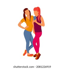 Two girls after training in the gym take a selfie. Vector illustration isolated on white background