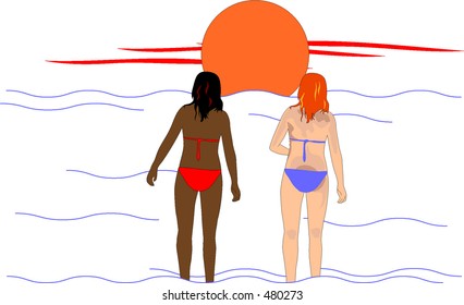 two girls against a sunset . Vector illustration